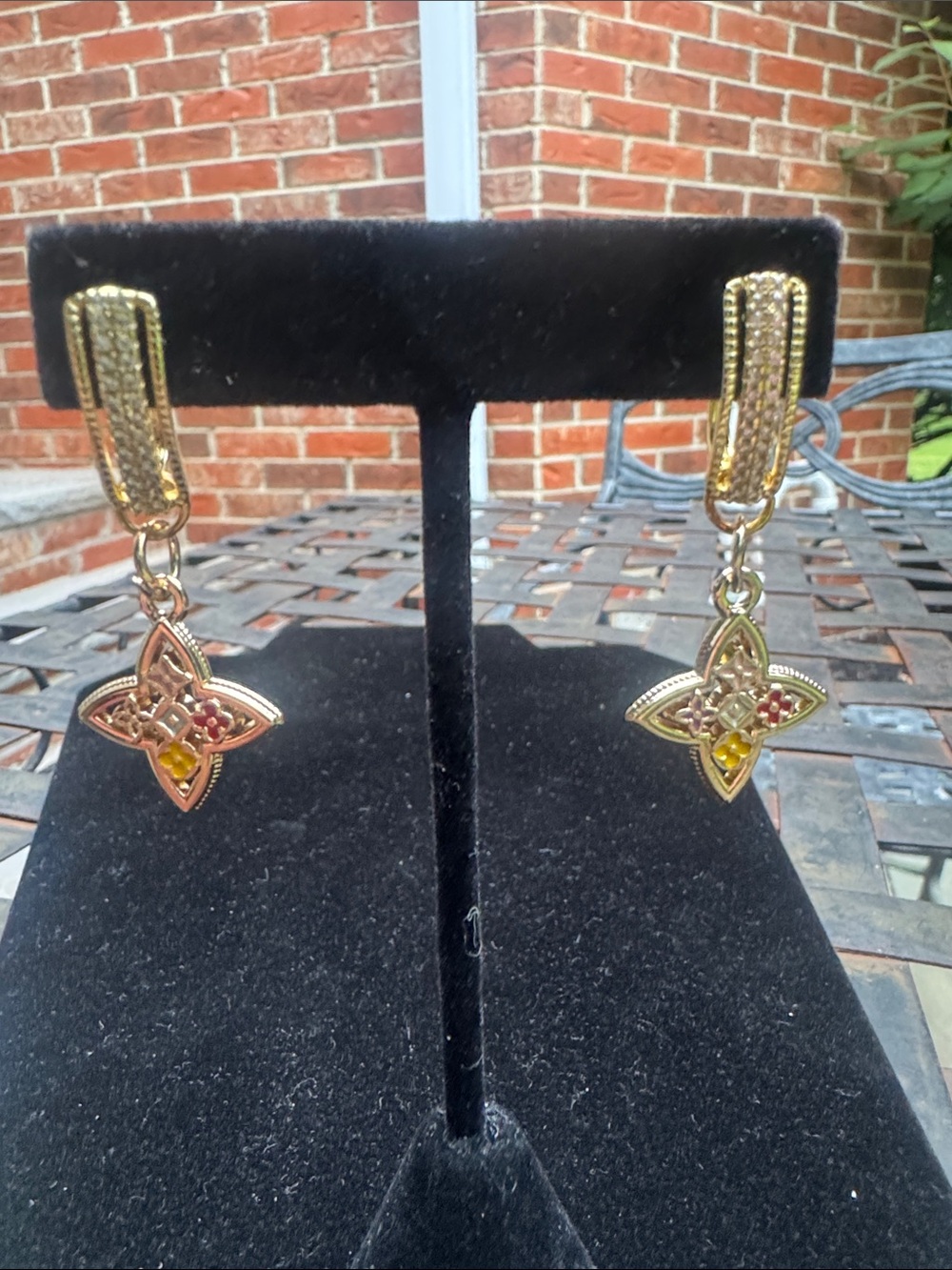 Earrings Gold-Tone Floral Drop Earrings with Red and Yellow Accents